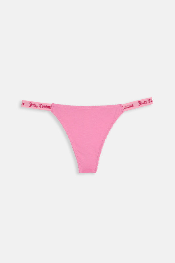 Displays the Pink 'Juicy' branded cotton Scalloped thong included in the 3 Pack 