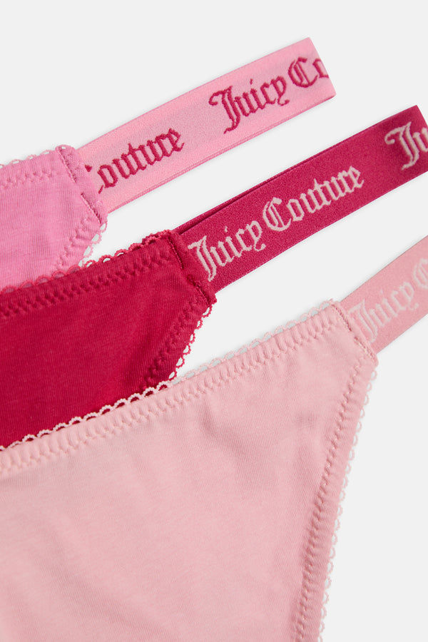 Displays the 3 Pack 'juicy' branded Cotton Scalloped Thongs featuring the juicy couture branding 