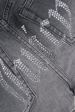 Displays the Washed Black 'Juicy' branded low rise denim booty shorts featuring the juicy branding 
