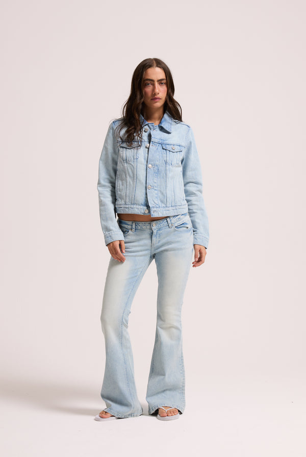 LIGHT WASH DIAMANTE LOW RISE FLARE JEAN