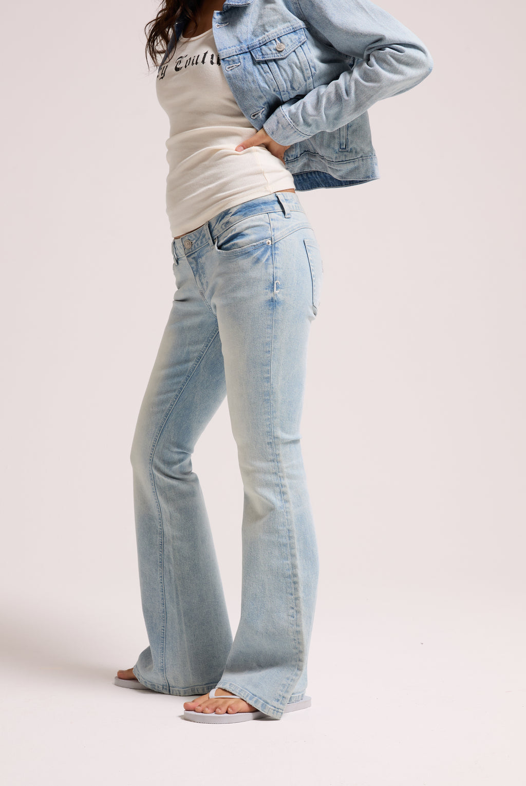 LIGHT WASH DIAMANTE LOW RISE FLARE JEAN