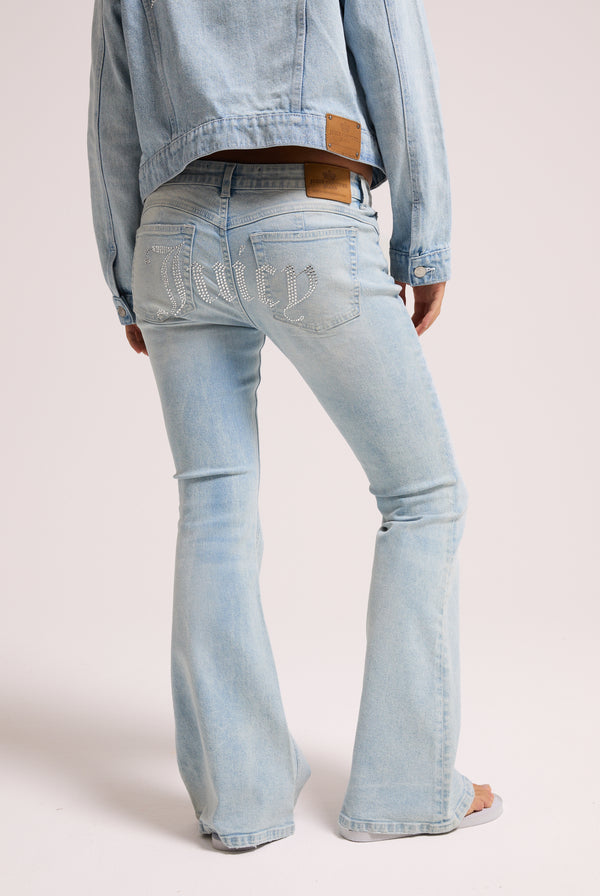 LIGHT WASH DIAMANTE LOW RISE FLARE JEAN