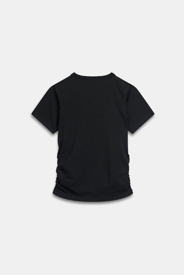 Displays a model wearing the Black Diamanté 'Juicy' branded Ruched T-Shirt 