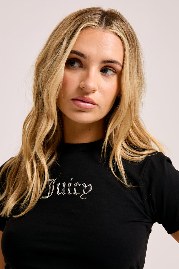 Displays a model wearing the Black Diamanté 'Juicy' branded Ruched T-Shirt 