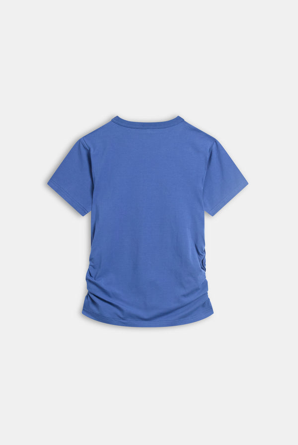 Displays the Grey Blue Diamanté 'Juicy' branded ruched T-shirt