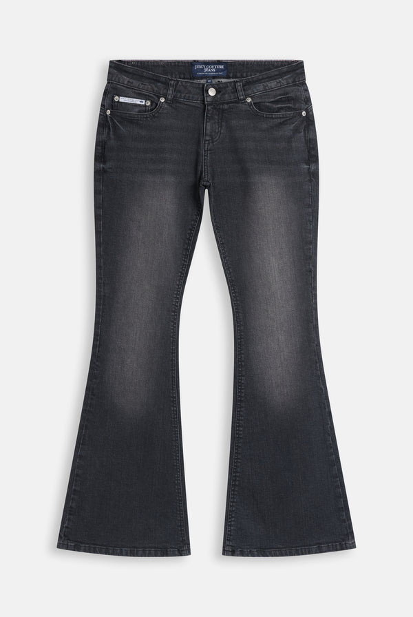 Washed Black Denim Diamanté Low Rise Flare Jeans