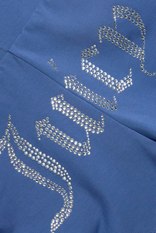 Displays a model wearing the Grey Blue Diamanté 'Juicy' branded ruched booty shorts 