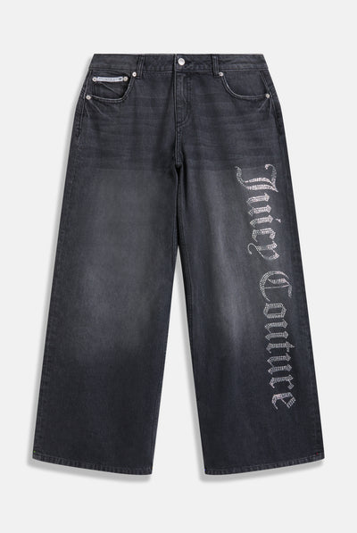 WASHED BLACK DIAMANTE WIDE LEG JEANS