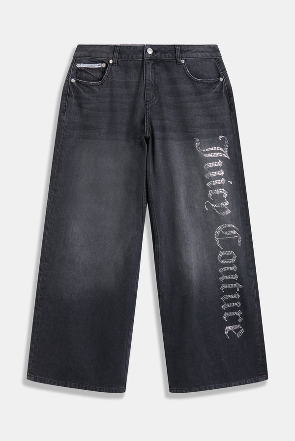 WASHED BLACK DIAMANTE WIDE LEG JEANS