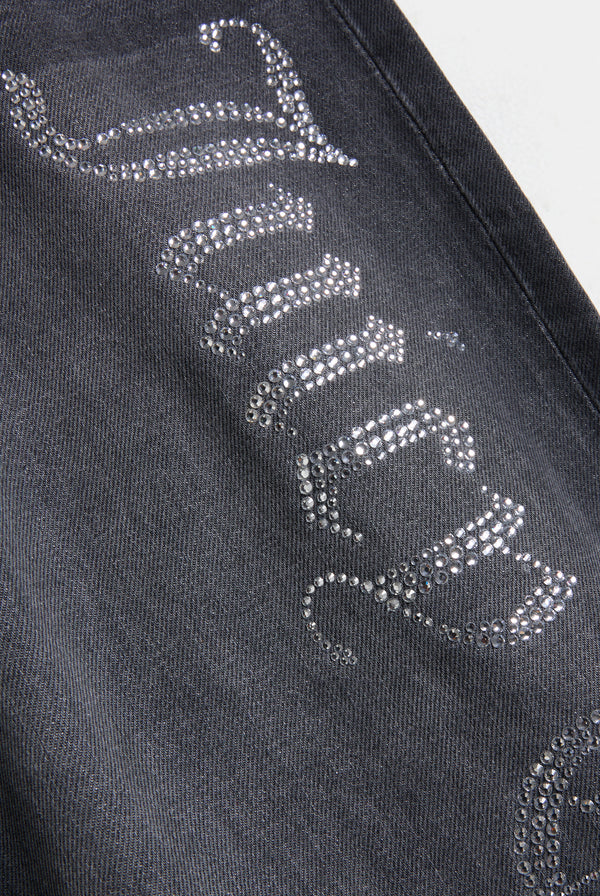 WASHED BLACK DIAMANTE WIDE LEG JEANS