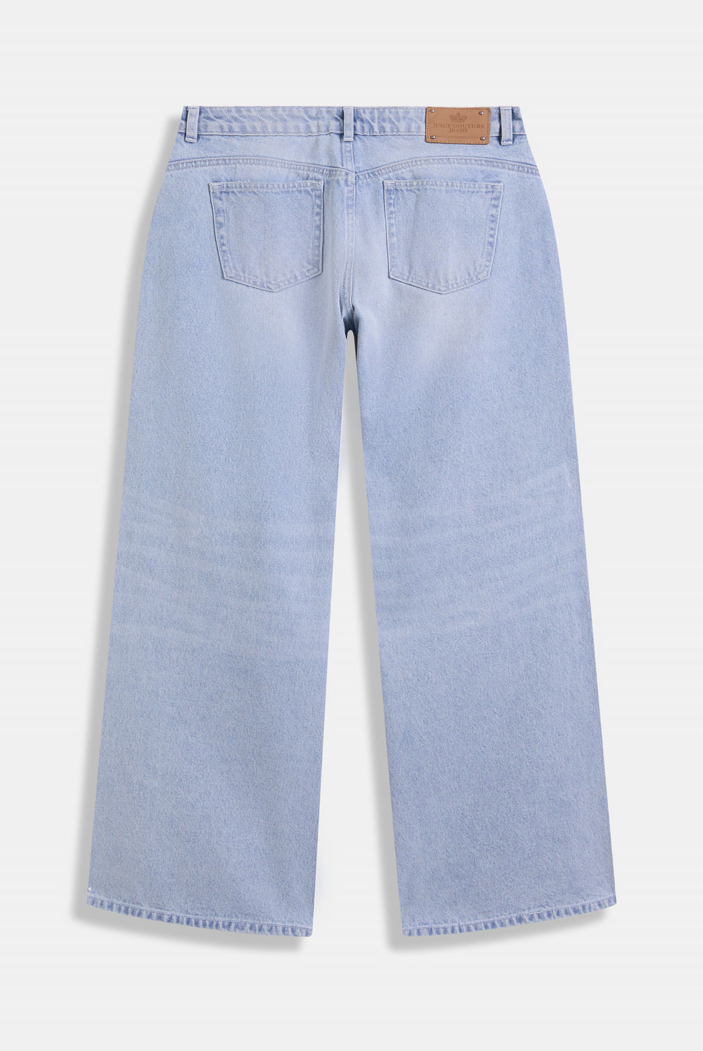 Displays the Light Wash Diamanté 'Juicy' branded wide leg jeans 