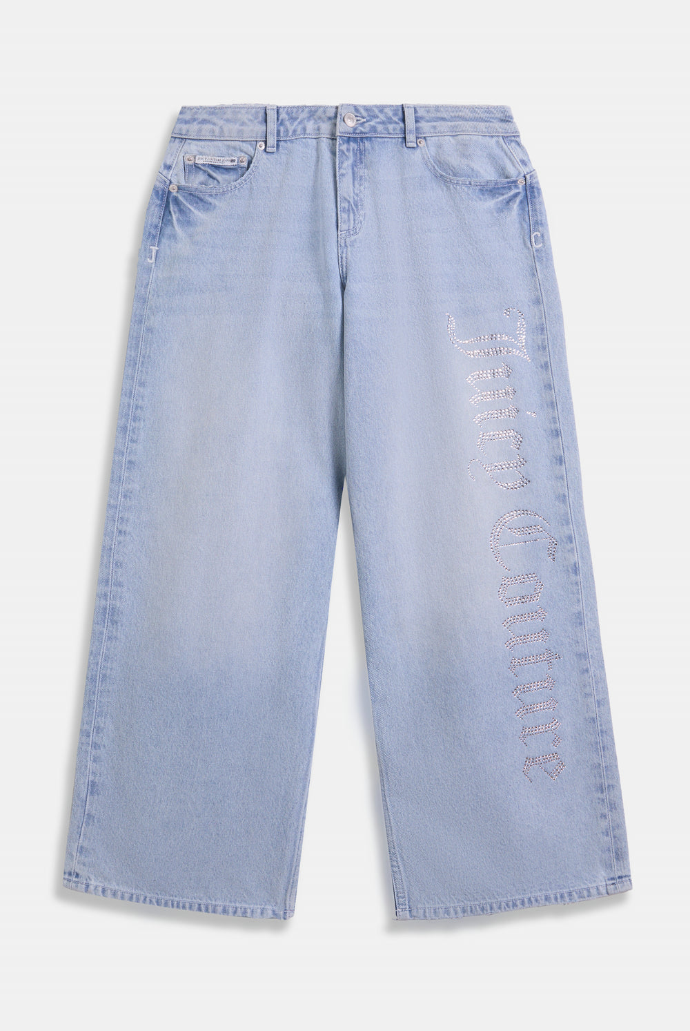 Displays the Light Wash Diamanté 'Juicy' branded wide leg jeans 