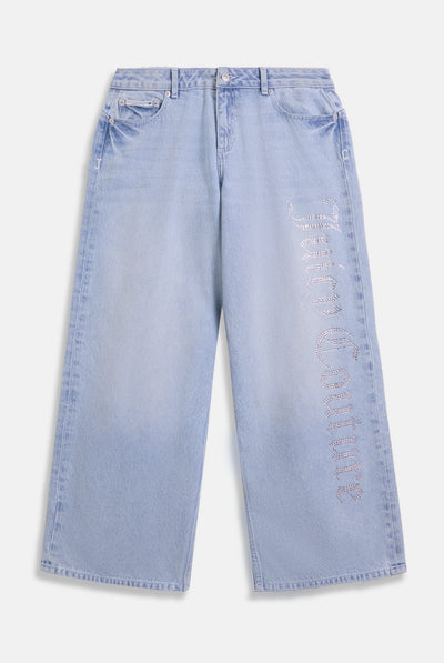 LIGHT WASH DIAMANTE WIDE LEG JEANS