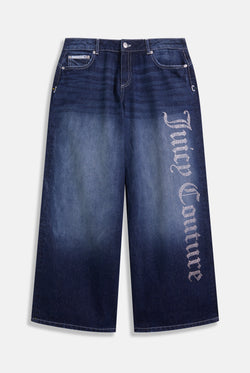 Displays the mid Wash 'Juicy' branded wide leg Diamanté jeans 