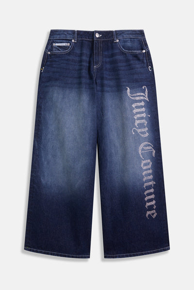 MID WASH DIAMANTE WIDE LEG JEANS
