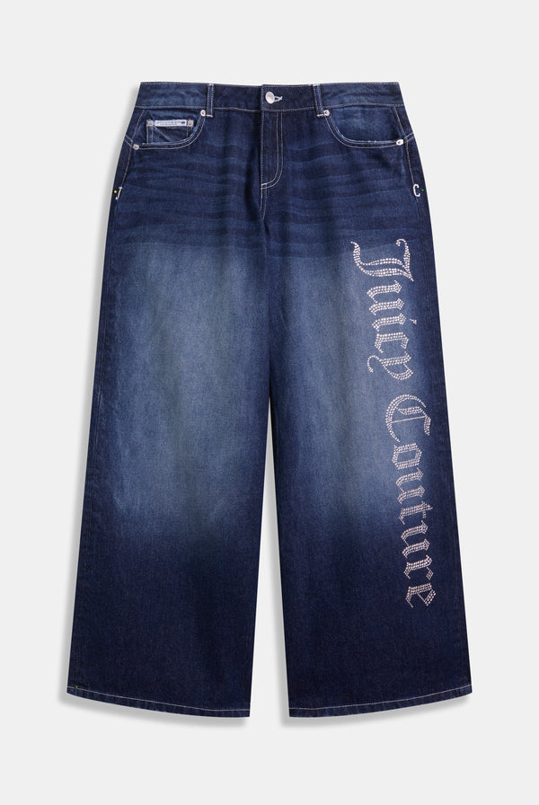 MID WASH DIAMANTE WIDE LEG JEANS
