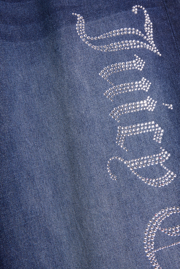 MID WASH DIAMANTE WIDE LEG JEANS