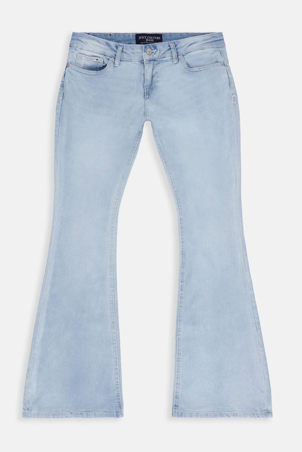 Displays the Bleached Demin 'Juicy' couture low rise flare diamanté jeans 