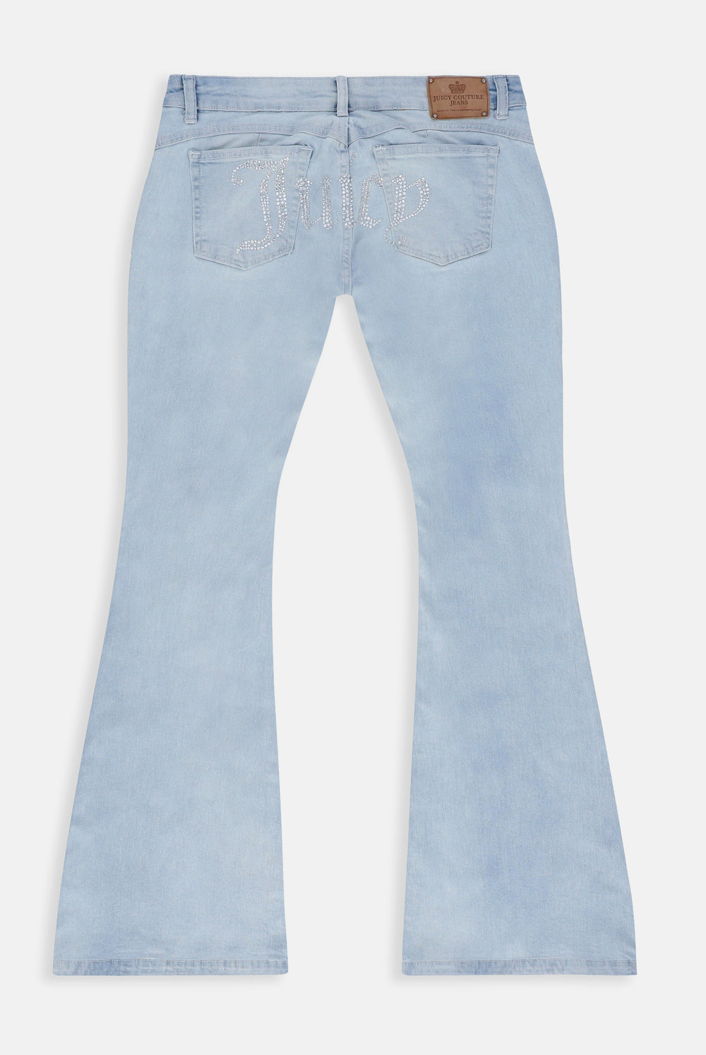 Displays the Bleached Demin 'Juicy' couture low rise flare diamanté jeans 