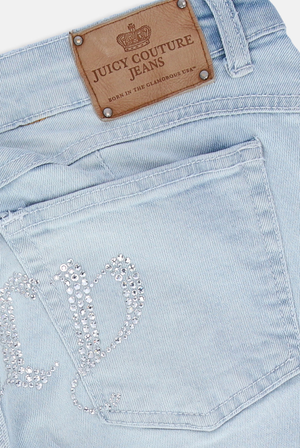 Displays the Bleached Demin 'Juicy' couture low rise flare diamanté jeans 