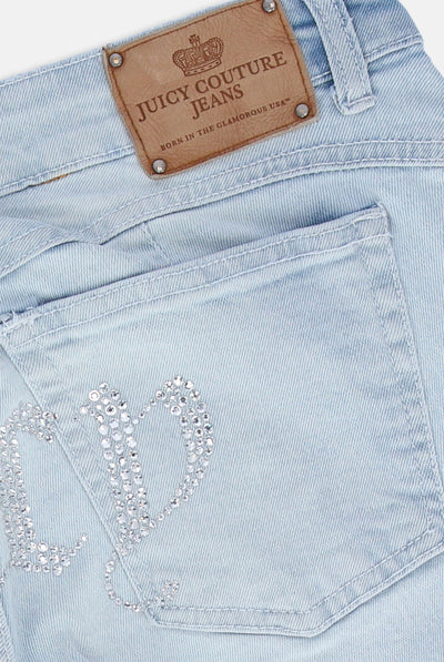 BLEACHED DENIM LOW RISE FLARE DIAMANTE JEANS