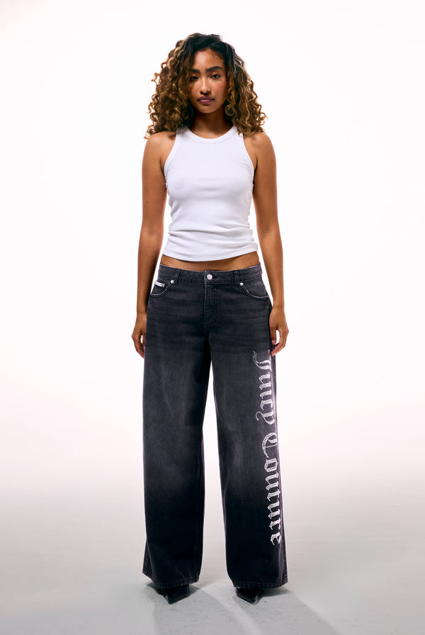 WASHED BLACK DIAMANTE WIDE LEG JEANS