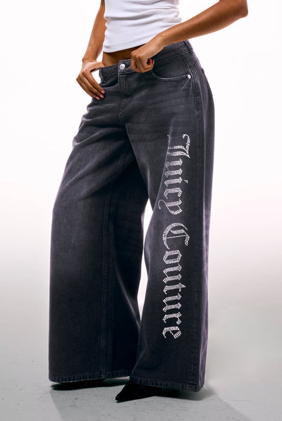WASHED BLACK DIAMANTE WIDE LEG JEANS