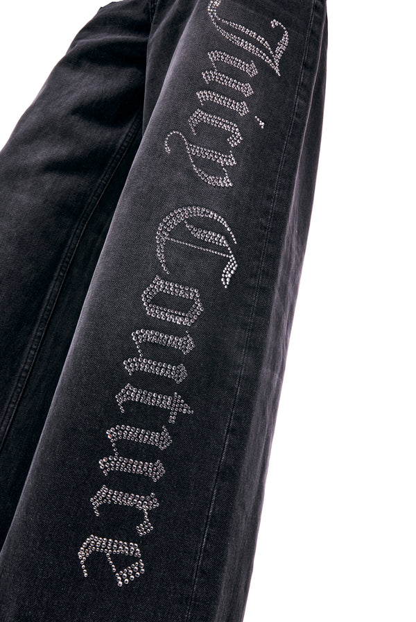 WASHED BLACK DIAMANTE WIDE LEG JEANS