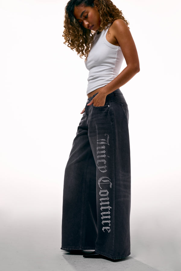 WASHED BLACK DIAMANTE WIDE LEG JEANS