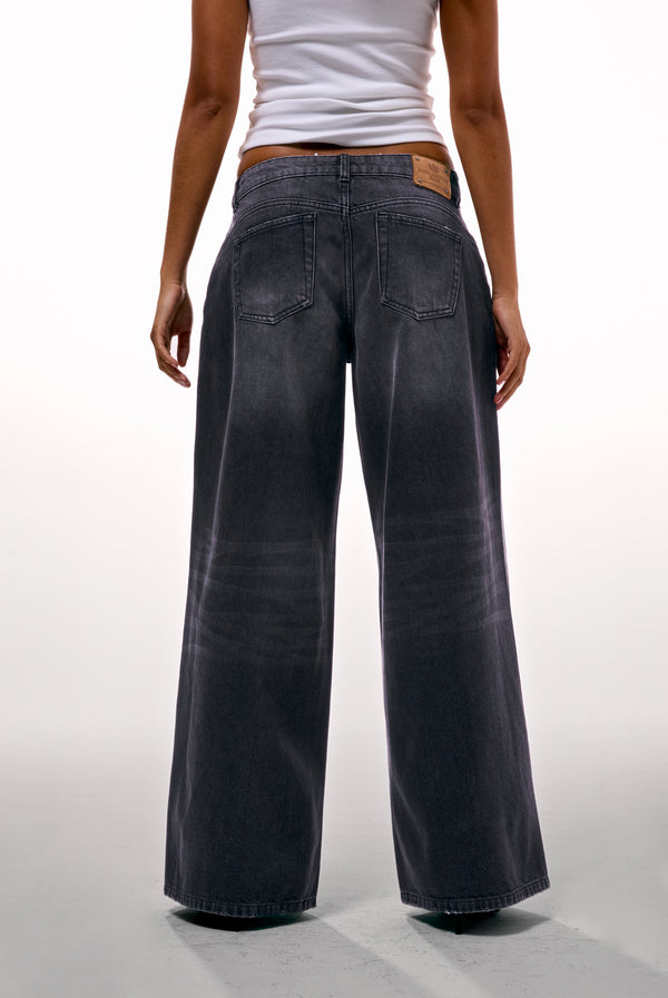 WASHED BLACK DIAMANTE WIDE LEG JEANS