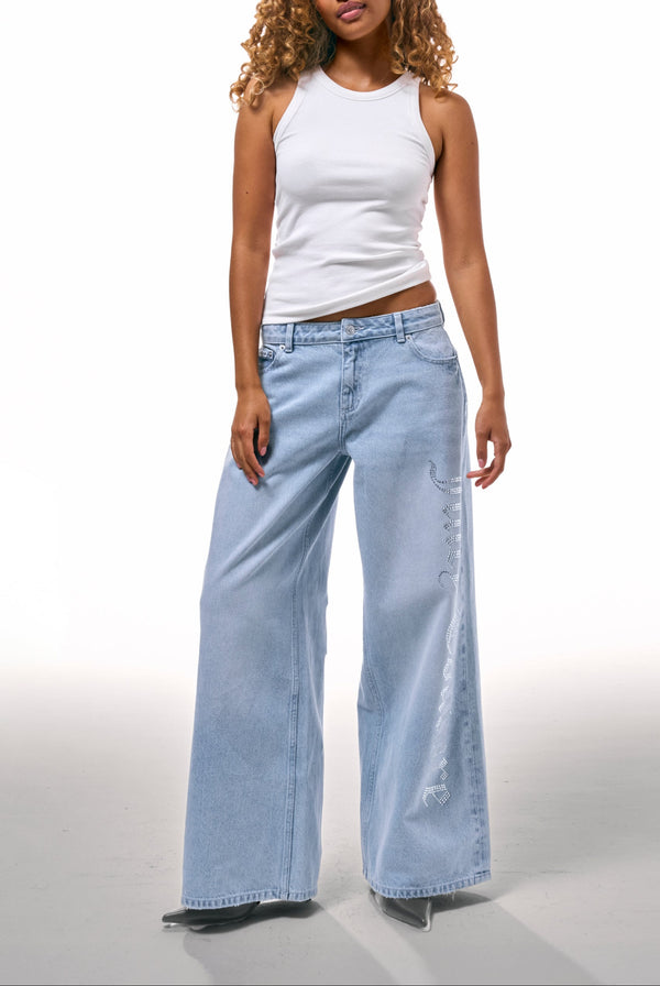 LIGHT WASH DIAMANTE WIDE LEG JEANS