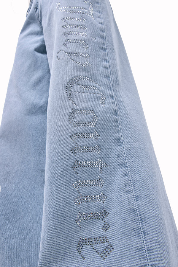 LIGHT WASH DIAMANTE WIDE LEG JEANS