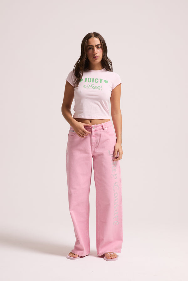 PINK WASH DIAMANTÉ WIDE LEG JEANS