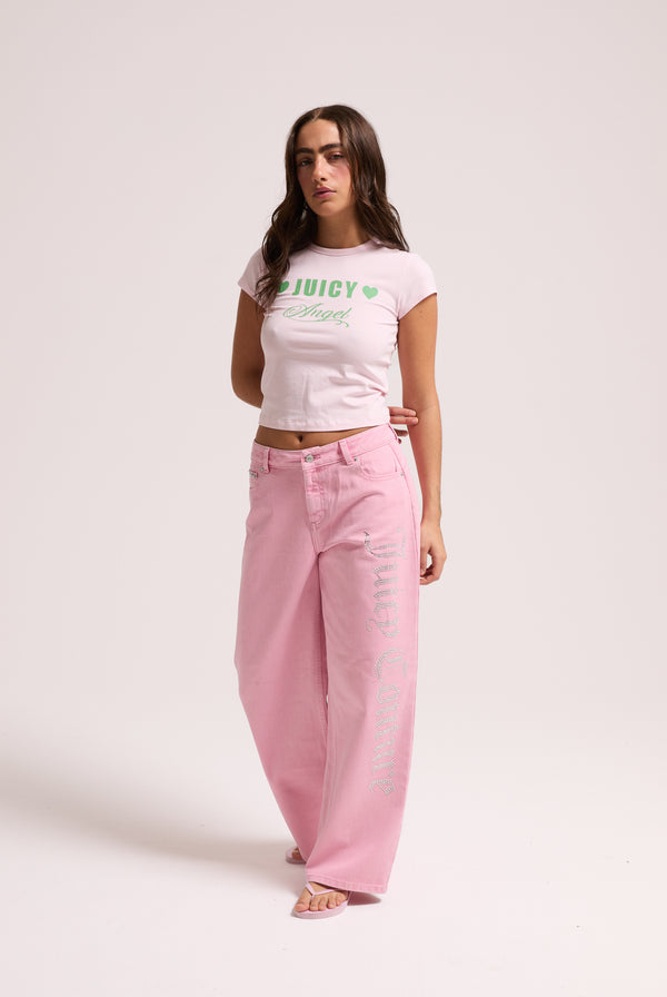PINK WASH DIAMANTÉ WIDE LEG JEANS