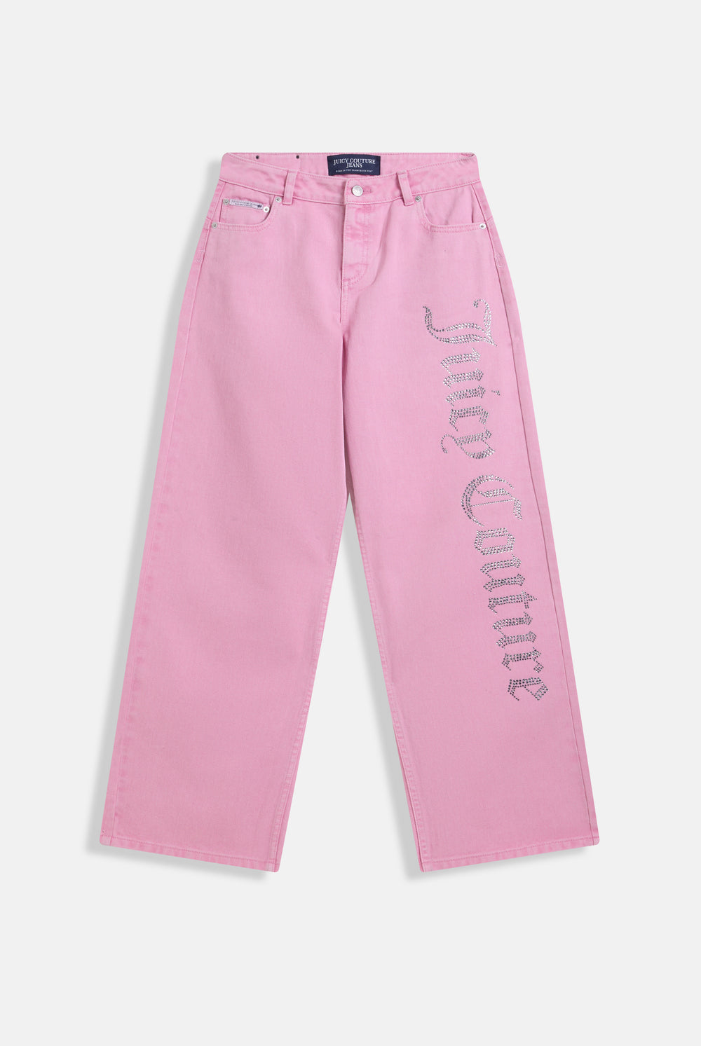 Displays the Pink Wash 'Juicy' branded Diamanté wide leg jeans 