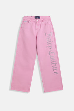 Displays the Pink Wash 'Juicy' branded Diamanté wide leg jeans 