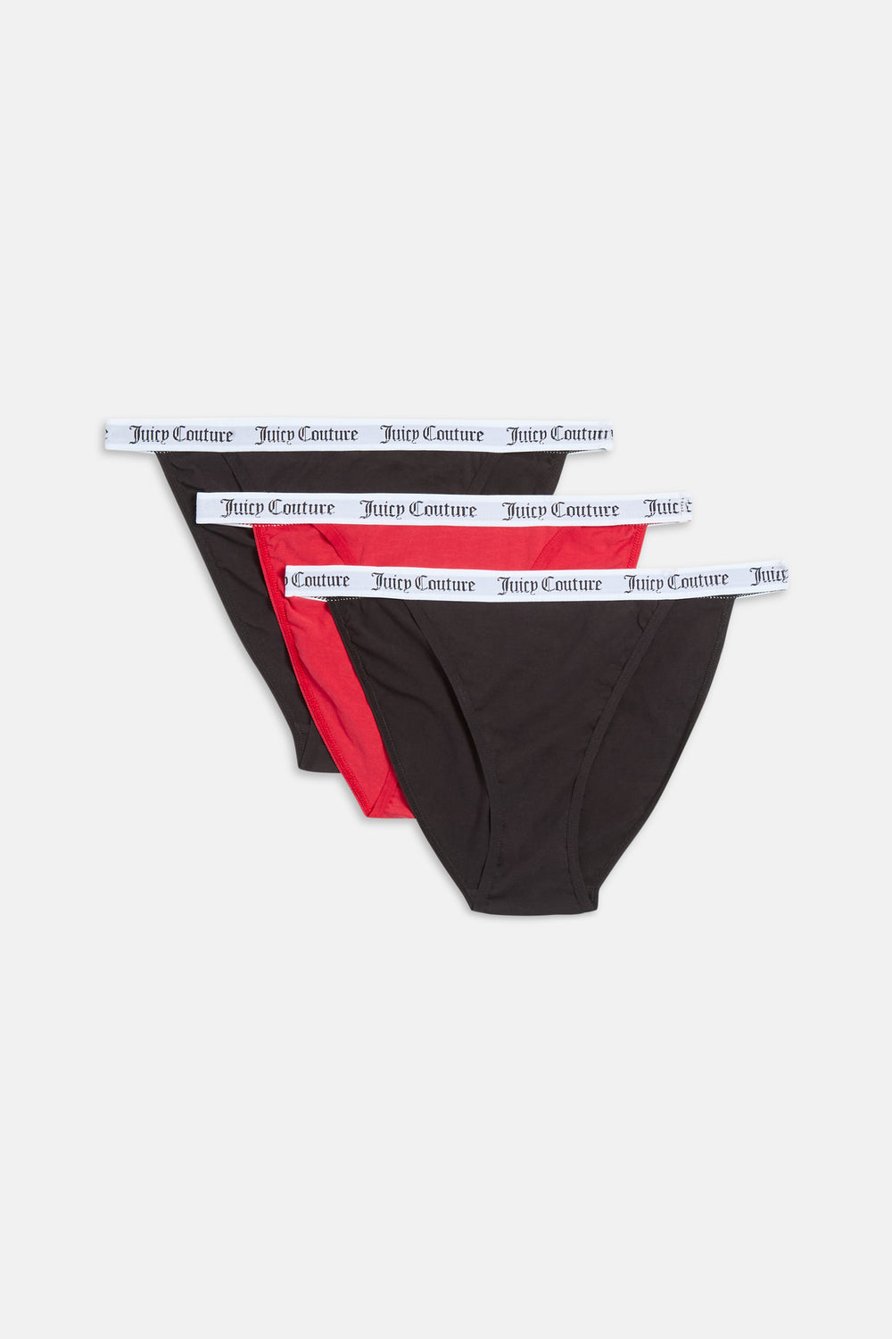 Displays all 3 of the black and red 'juicy' branded Cotton Branded Waistband briefs included in the Multi Pack Of 3 