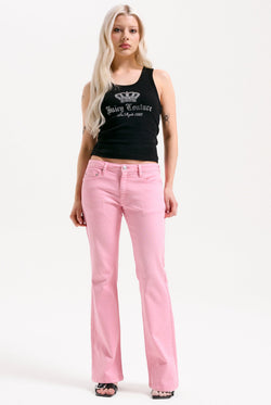 Displays a model wearing the Pink Wash 'Juicy' branded Digi Diamanté mid rise flared jeans