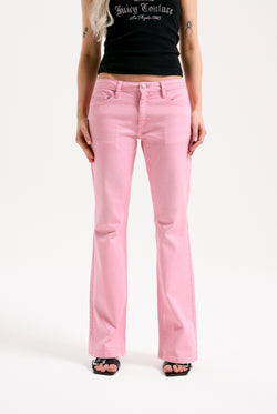 Displays the Pink Wash 'Juicy' branded Digi Diamanté mid rise flared jeans