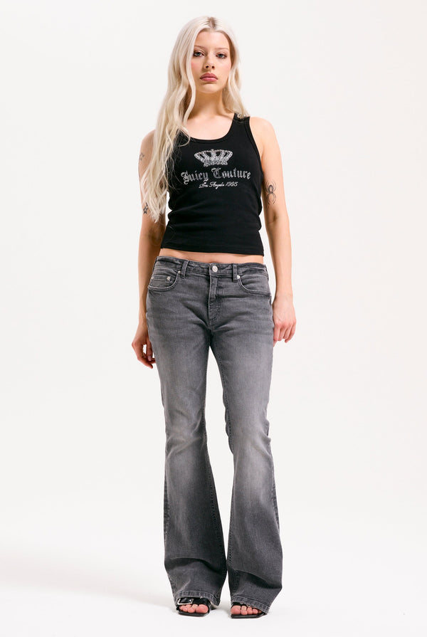 GREY WASH DIGI DIAMANTE  MID RISE FLARED JEANS