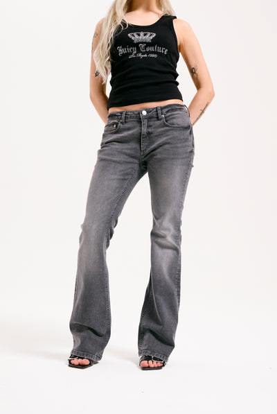 GREY WASH DIGI DIAMANTE  MID RISE FLARED JEANS