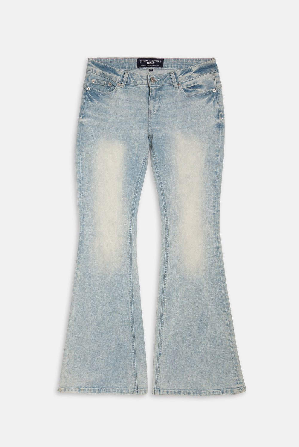 Displays the light wash 'Juicy' branded Diamanté low rise flare jeans 