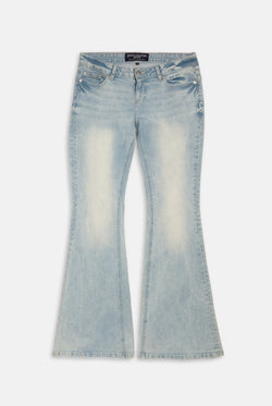 Displays the light wash 'Juicy' branded Diamanté low rise flare jeans 