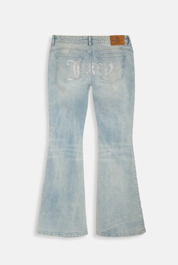 Displays the light wash 'Juicy' branded Diamanté low rise flare jeans 