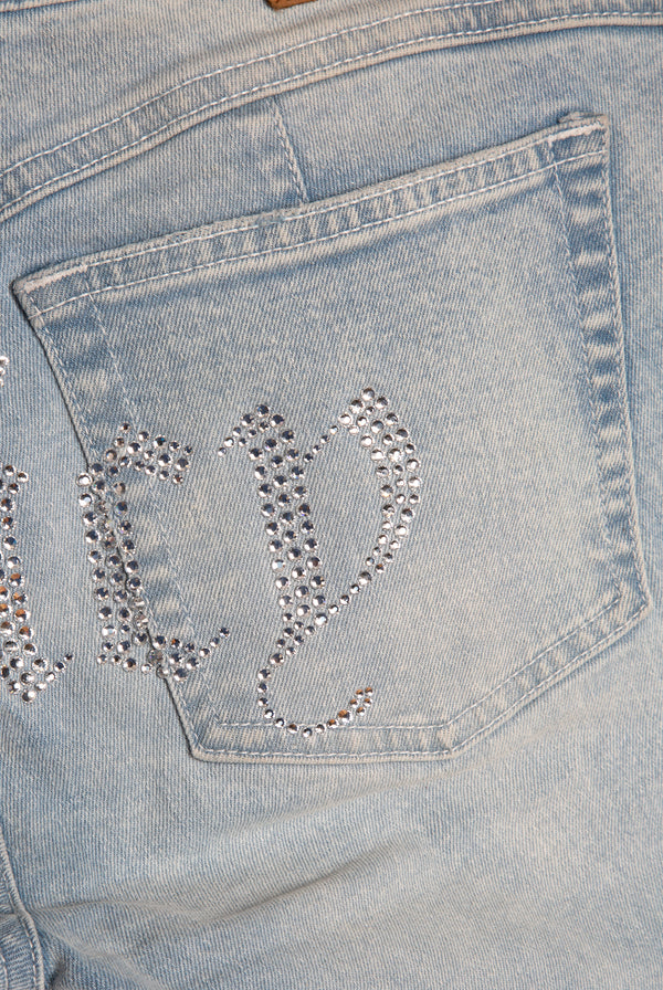 LIGHT WASH DIAMANTE LOW RISE FLARE JEAN