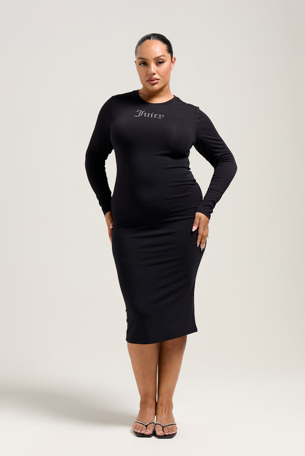 BLACK JERSEY DIAMANTÉ LONG SLEEVE MIDI DRESS