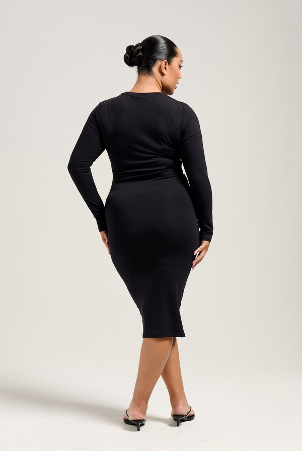 BLACK JERSEY DIAMANTÉ LONG SLEEVE MIDI DRESS