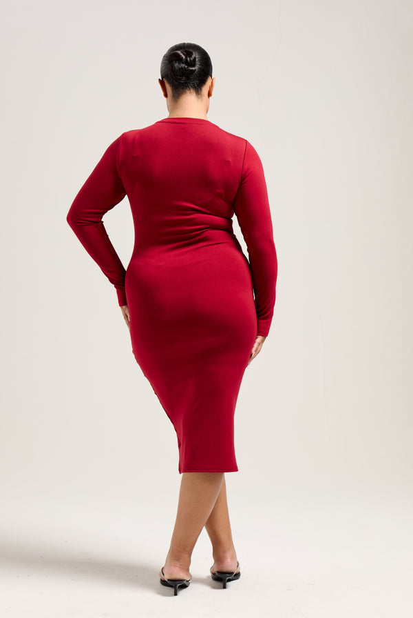 RED DAHLIA JERSEY DIAMANTÉ LONG SLEEVE MIDI DRESS