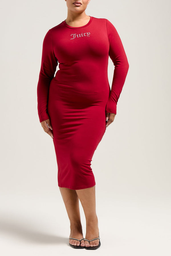 RED DAHLIA JERSEY DIAMANTÉ LONG SLEEVE MIDI DRESS