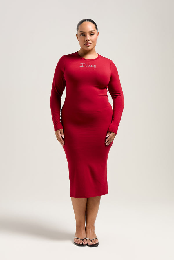 RED DAHLIA JERSEY DIAMANTÉ LONG SLEEVE MIDI DRESS